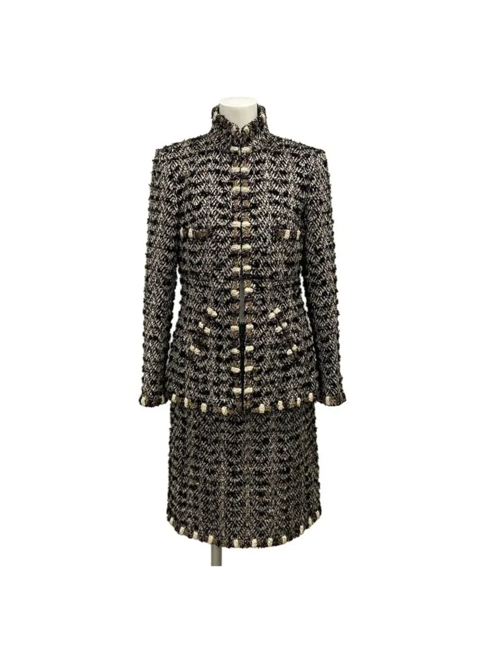 Chanel Skirt Suit S Black Gold Ivory Tweed Gripoix Cotton
